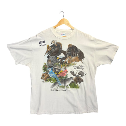 OutOf10 off-white cotton t-shirt featuring a vintage North American wildlife graphic print on a wooden hanger
