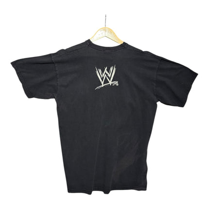 OutOf10 black vintage WWE cotton t-shirt featuring the classic white logo on the back