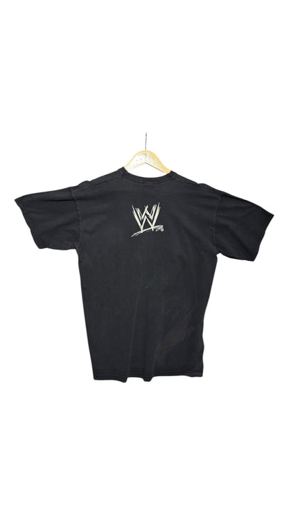 OutOf10 black vintage WWE cotton t-shirt featuring the classic white logo on the back