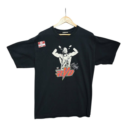 OutOf10 vintage black WWE Rob Van Dam graphic t-shirt with retro RVD logo and wrestler print on a wooden hanger.