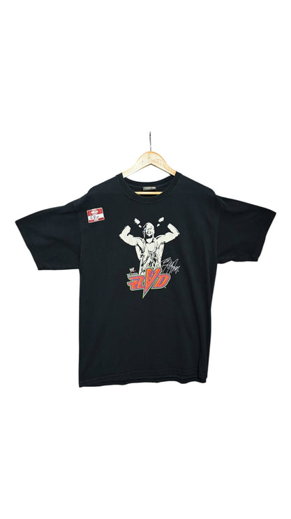 OutOf10 vintage black WWE Rob Van Dam graphic t-shirt with retro RVD logo and wrestler print on a wooden hanger.