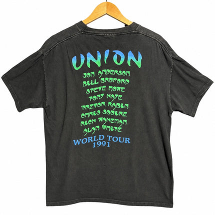 OutOf10 vintage 1991 Yes Union World Tour black cotton band t-shirt with green and blue back graphic on a hanger
