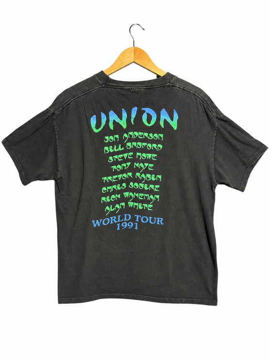 OutOf10 vintage 1991 Yes Union World Tour black cotton band t-shirt with green and blue back graphic on a hanger
