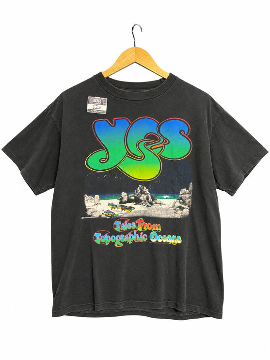 OutOf10 vintage black Yes band t-shirt featuring Tales From Topographic Oceans graphic on soft faded cotton