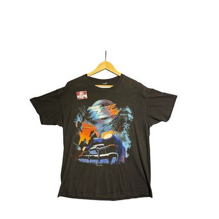 OutOf10 vintage black ZZ Top Recycler World Tour 1990 cotton t-shirt with a vibrant desert car graphic print