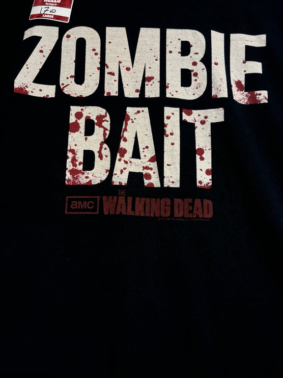 OutOf10 black The Walking Dead crew neck t-shirt featuring a distressed Zombie Bait graphic with blood splatter