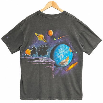 OutOf10 washed-black cotton t-shirt featuring a space-western graphic of cowboys and planets on the back.