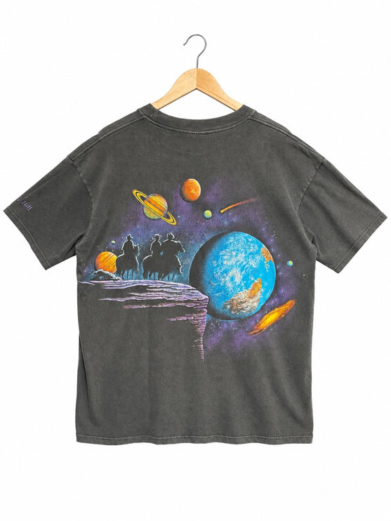 OutOf10 washed-black cotton t-shirt featuring a space-western graphic of cowboys and planets on the back.