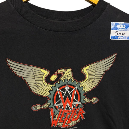 OutOf10 vintage black Weezer cotton t-shirt featuring a front eagle and gear graphic print on a wooden hanger
