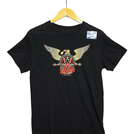 OutOf10 vintage 2001 black cotton Weezer band t-shirt with eagle and gear graphic print on a wooden hanger