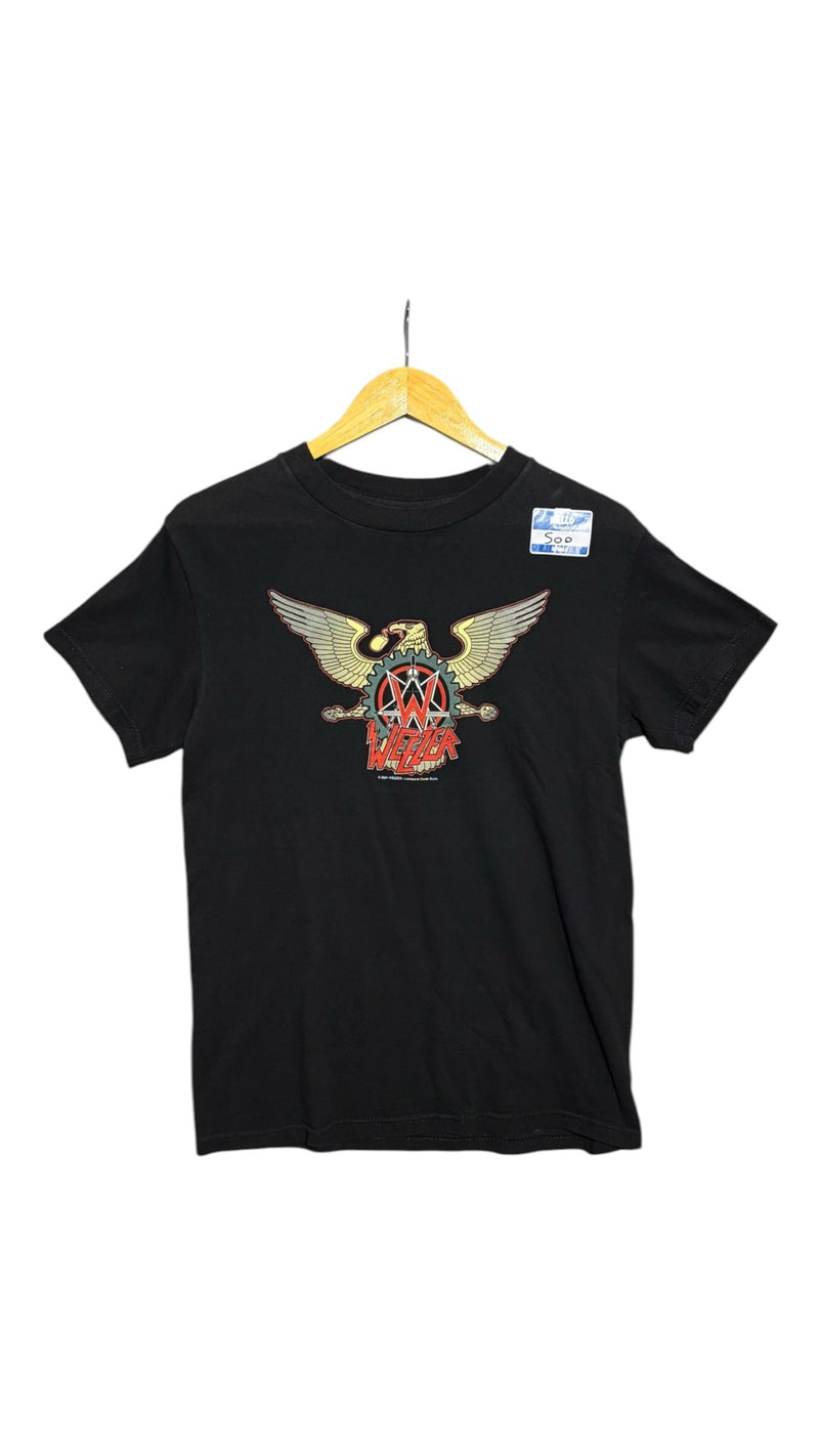 OutOf10 vintage 2001 black cotton Weezer band t-shirt with eagle and gear graphic print on a wooden hanger