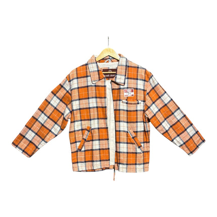 OutOf10 well done plaid zip-up jacket in orange, white, and navy blue with a collar and front pockets.