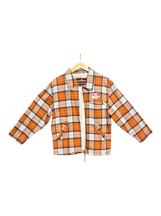 OutOf10 well done plaid zip-up jacket in orange, white, and navy blue with a collar and front pockets.