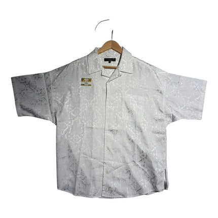 OutOf10 white short-sleeve button-down shirt with a tone-on-tone damask jacquard pattern and a classic camp collar.
