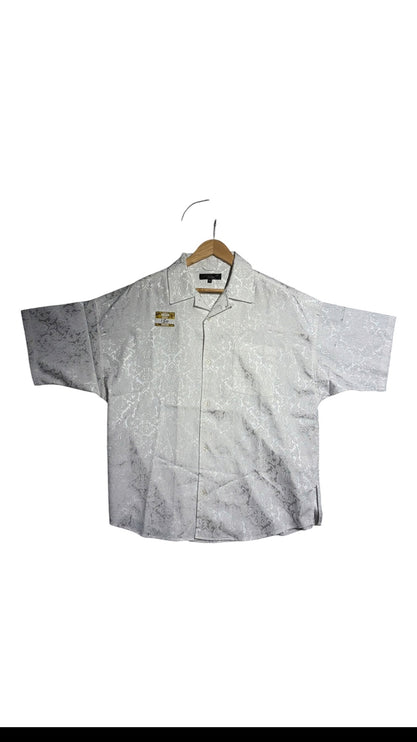 OutOf10 white short-sleeve button-down shirt with a tone-on-tone damask jacquard pattern and a classic camp collar.
