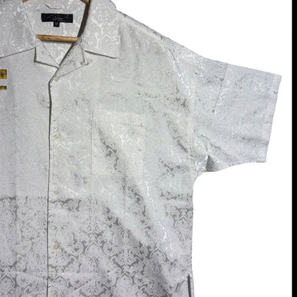 OutOf10 white short-sleeve button-down shirt featuring an intricate tone-on-tone damask jacquard pattern and camp collar