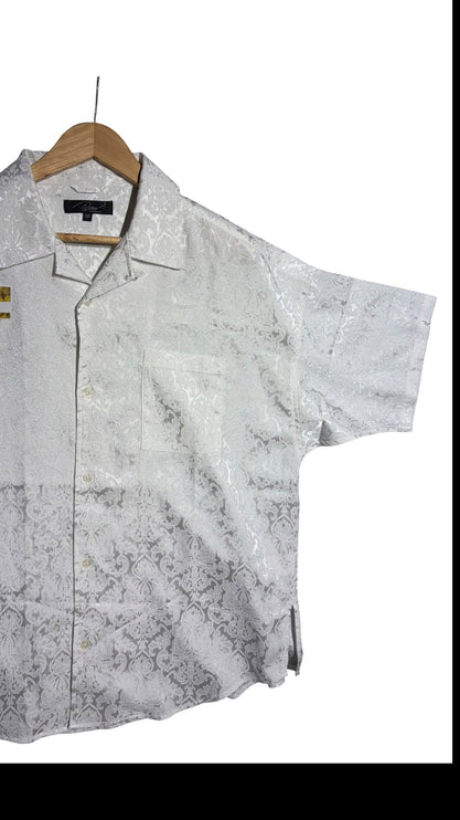 OutOf10 white short-sleeve button-down shirt featuring an intricate tone-on-tone damask jacquard pattern and camp collar