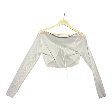 OutOf10 white sheer mesh long sleeve cropped shrug with a front tie closure and delicate lettuce-edge cuffs.