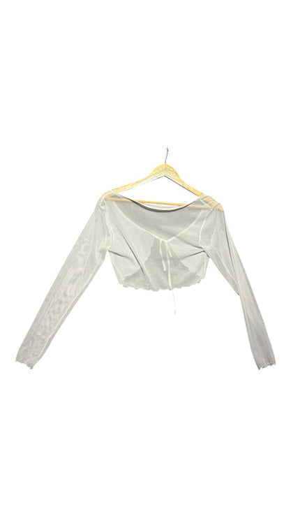 OutOf10 white sheer mesh long sleeve cropped shrug with a front tie closure and delicate lettuce-edge cuffs.