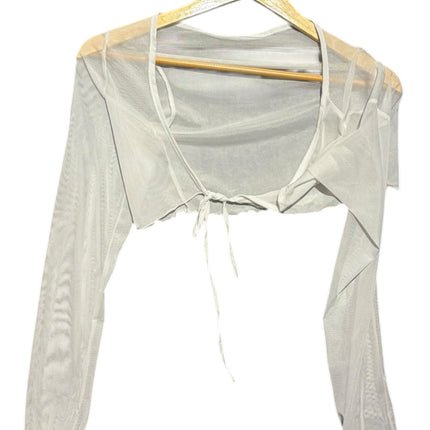 OutOf10 white sheer mesh long sleeve cropped shrug with a delicate front tie closure and lettuce-edge cuffs.