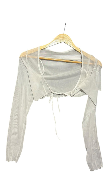 OutOf10 white sheer mesh long sleeve cropped shrug with a delicate front tie closure and lettuce-edge cuffs.