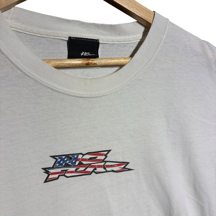 OutOf10 white cotton crewneck t-shirt featuring a vintage No Fear logo with an American flag graphic on the chest.