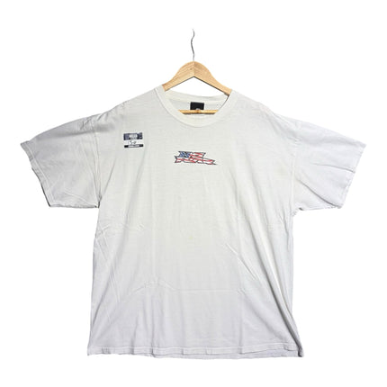 OutOf10 white cotton short sleeve crewneck t-shirt with vintage No Fear American flag logo on the chest