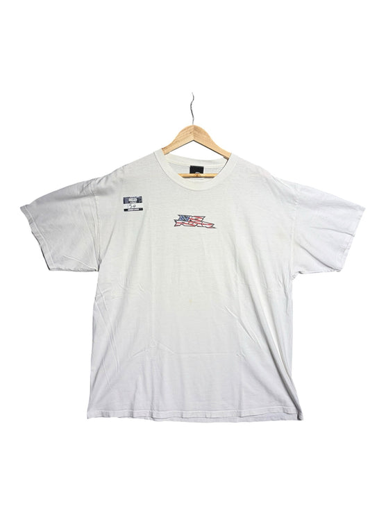 OutOf10 white cotton short sleeve crewneck t-shirt with vintage No Fear American flag logo on the chest