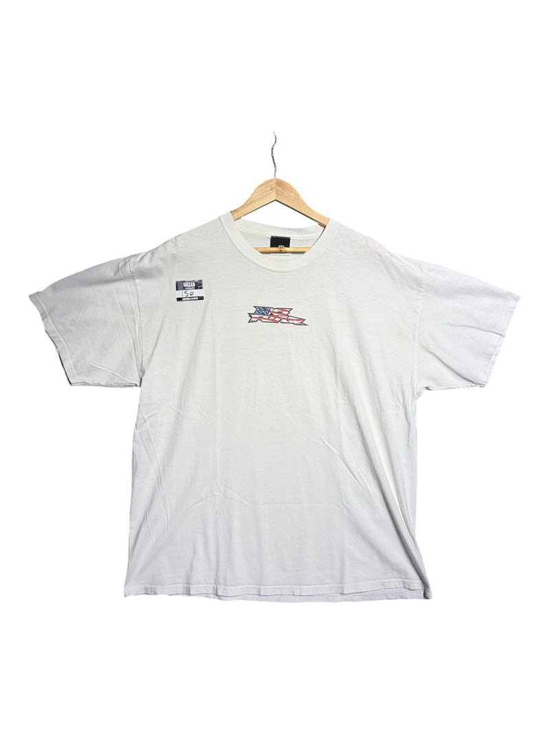 OutOf10 white cotton short sleeve crewneck t-shirt with vintage No Fear American flag logo on the chest