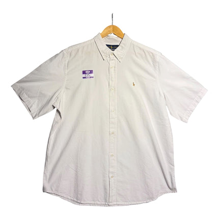OutOf10 white Ralph Lauren short sleeve button down shirt with embroidered pony logo on chest