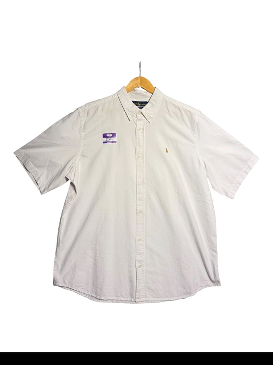 OutOf10 white Ralph Lauren short sleeve button down shirt with embroidered pony logo on chest