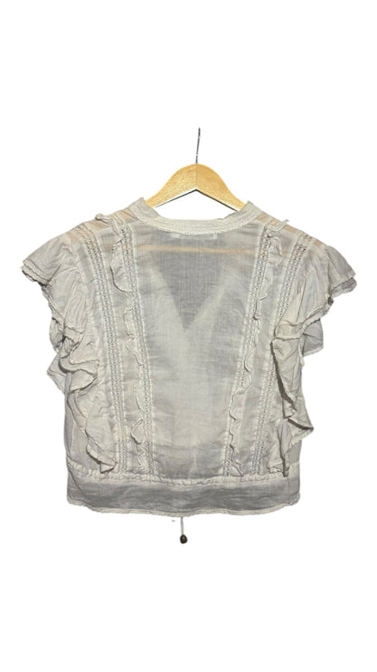 OutOf10 white vintage-style blouse with ruffled shoulders, lace trim inserts, and a drawstring hem on a hanger.