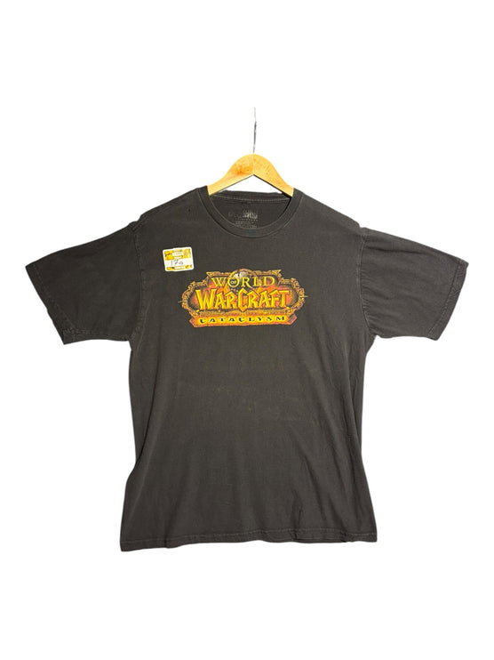 OutOf10 black cotton crewneck t-shirt featuring the World of Warcraft Cataclysm logo graphic on the front