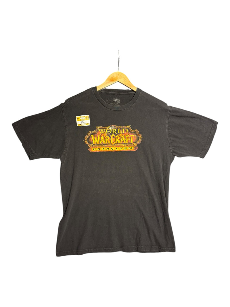 OutOf10 black cotton crewneck t-shirt featuring the World of Warcraft Cataclysm logo graphic on the front