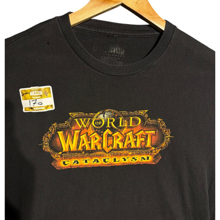 OutOf10 black cotton crewneck t-shirt featuring the fiery World of Warcraft Cataclysm logo on the front