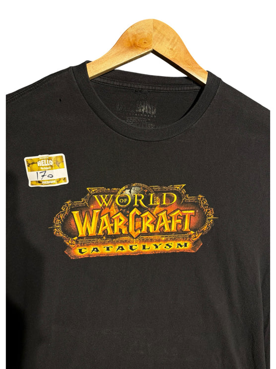 OutOf10 black cotton crewneck t-shirt featuring the fiery World of Warcraft Cataclysm logo on the front