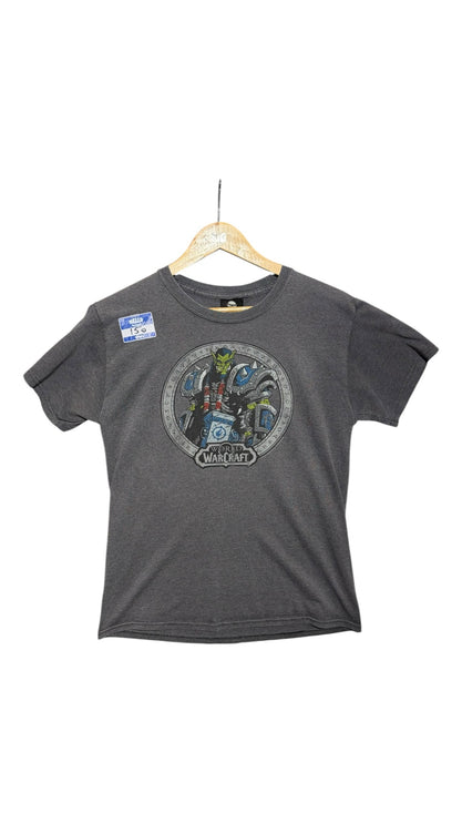 OutOf10 charcoal grey World of Warcraft crewneck t-shirt featuring a detailed Orc warrior graphic print on the front.