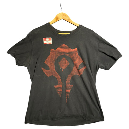 OutOf10 black crewneck t-shirt featuring a distressed red World of Warcraft Horde faction emblem on the chest.