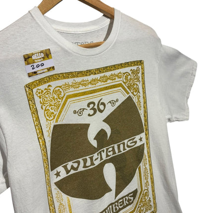 OutOf10 white cotton crewneck t-shirt featuring a gold Wu-Tang Clan 36 Chambers graphic print on a wooden hanger.