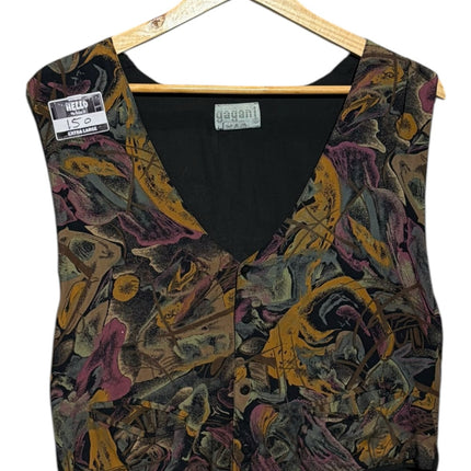 OutOf10 yagan sleeveless waistcoat featuring a vibrant abstract pattern in mustard, purple, and charcoal on a hanger.