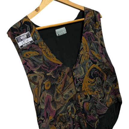 OutOf10 yagan sleeveless waistcoat featuring a vibrant abstract painterly print in mustard yellow and deep purple