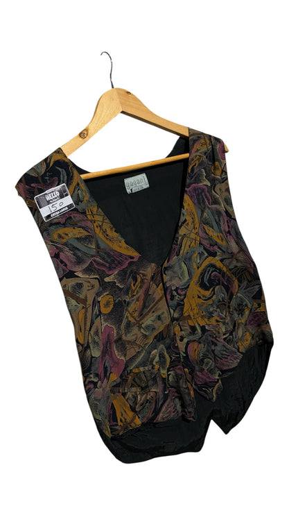 OutOf10 yagan sleeveless waistcoat featuring a vibrant abstract painterly print in mustard yellow and deep purple
