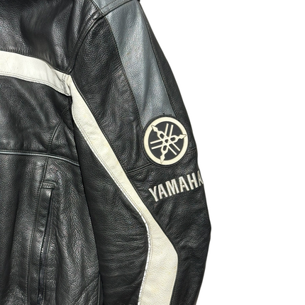 OutOf10 Yamaha black leather motorcycle jacket with white and grey racing stripes and sleeve branding