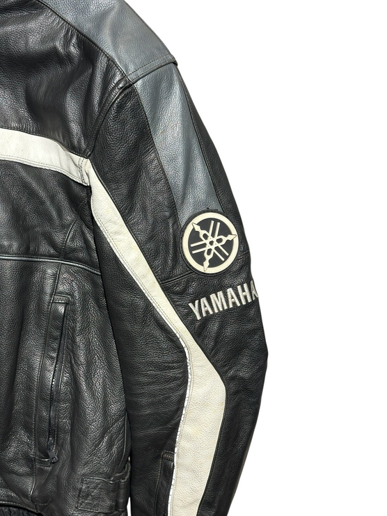 OutOf10 Yamaha black leather motorcycle jacket with white and grey racing stripes and sleeve branding