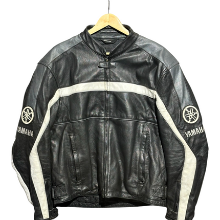 OutOf10 Yamaha black leather motorcycle riding jacket with white and grey contrast panels and branding on sleeves