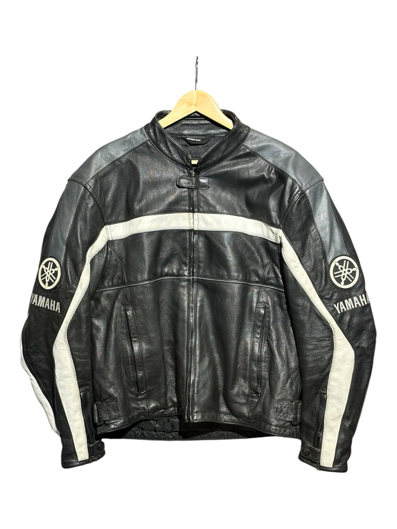 OutOf10 Yamaha black leather motorcycle riding jacket with white and grey contrast panels and branding on sleeves
