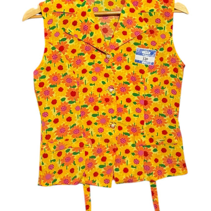 OutOf10 vintage-inspired yellow vest with a vibrant orange, pink, and green daisy floral print and button-down front.
