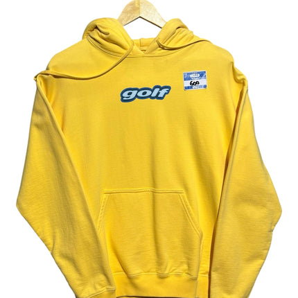 OutOf10 vibrant yellow GOLF Wang pullover hoodie with blue embroidered logo and front kangaroo pocket on a hanger.