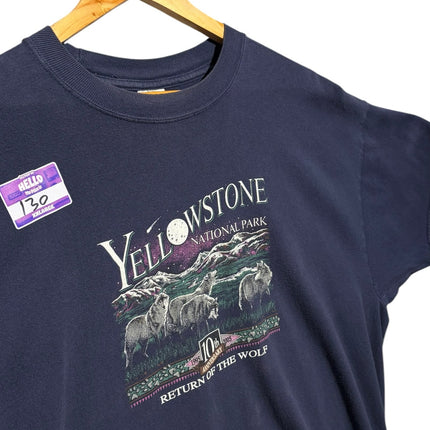 OutOf10 navy blue cotton crewneck t-shirt featuring a vintage Yellowstone National Park wolf graphic print.