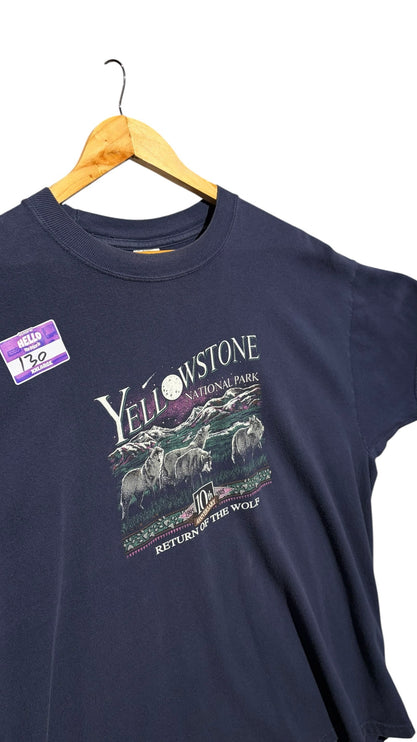 OutOf10 navy blue cotton crewneck t-shirt featuring a vintage Yellowstone National Park wolf graphic print.
